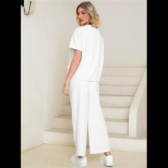 Womens 2 Piece Lounge Sets Short Sleeve Loose Fit Top and Wide Leg Pants Set - Picture 3 of 7